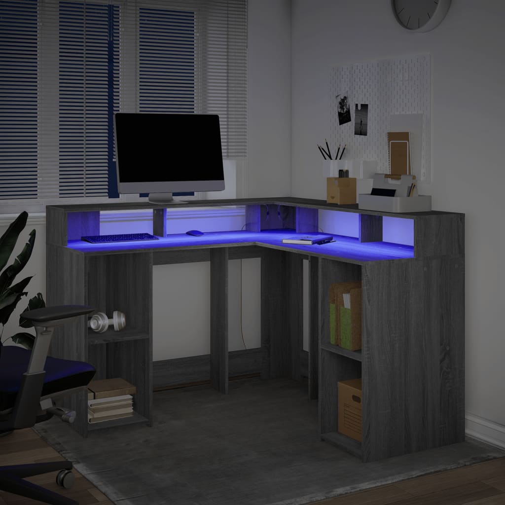 LED Desk Grey Sonoma 130x130x91 cm Engineered Wood