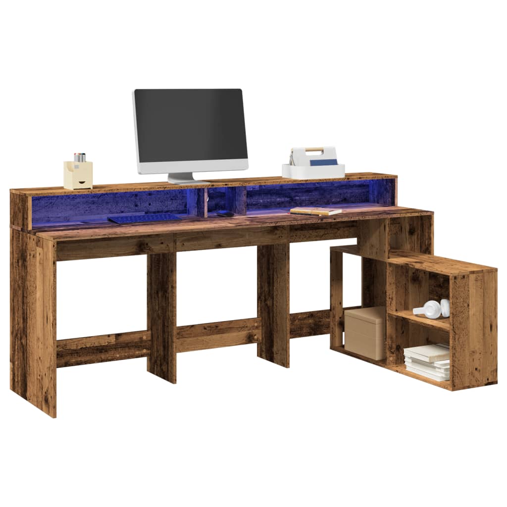 LED Desk Reclaimed Wood Look 200x104x91 cm Engineered Wood