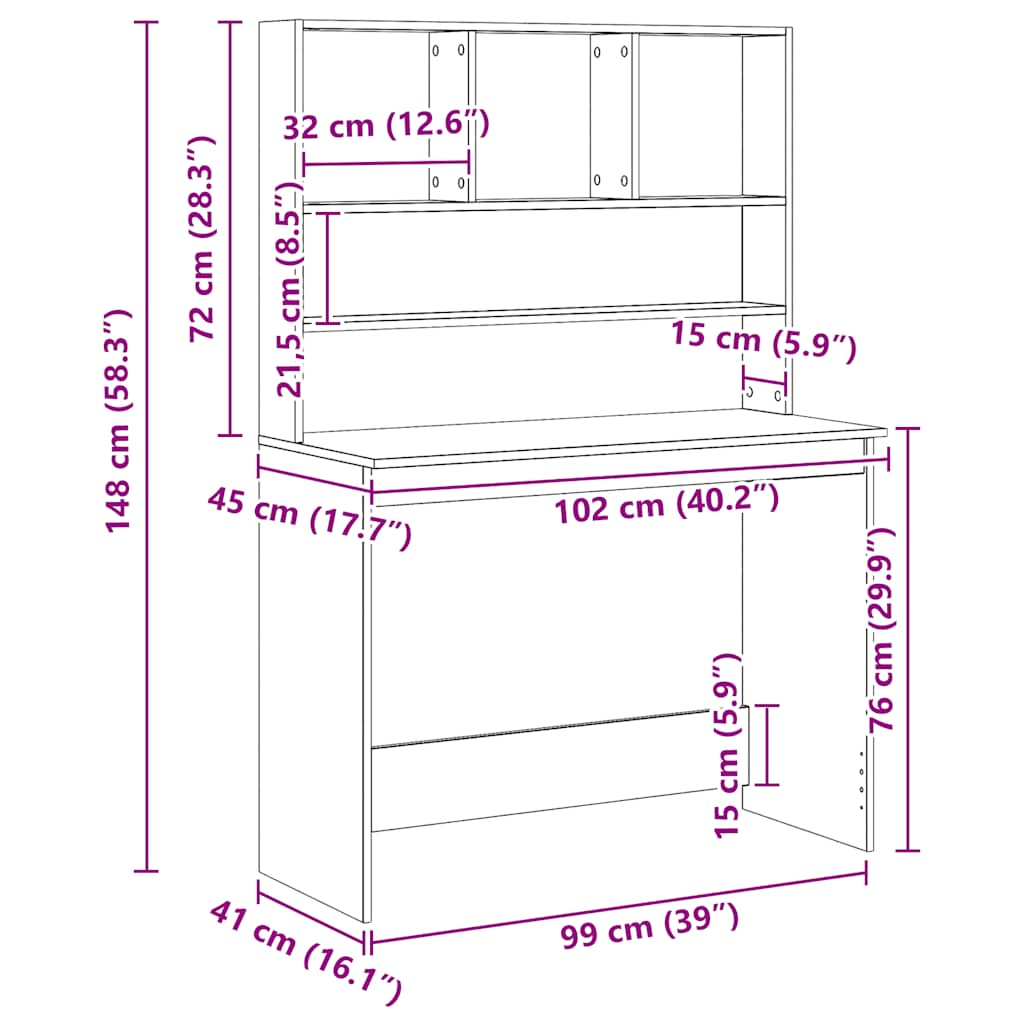 Desk with Shelf Artisan Oak 102x45x148cm Wood-based Material