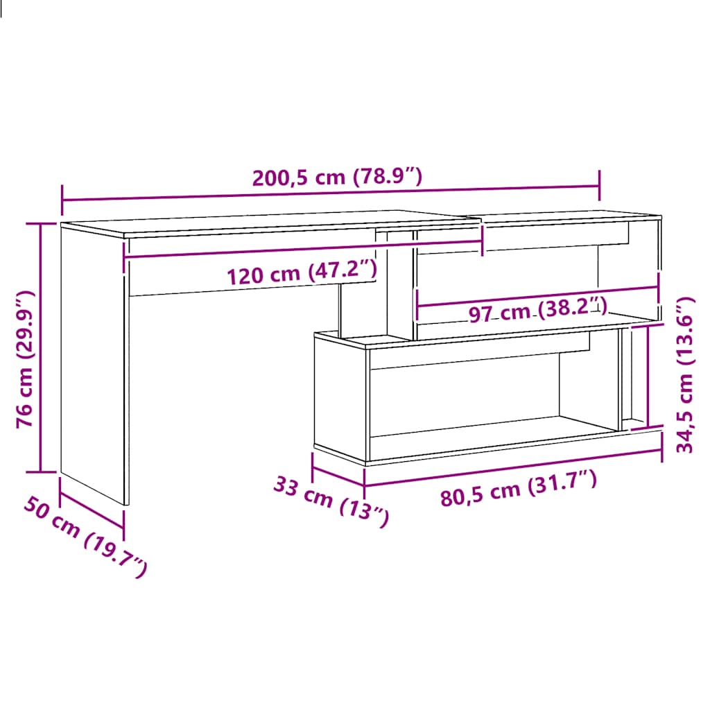 Eckschreibtisch Artisan-Eiche 200,5x50x76 cm Holzwerkstoff
