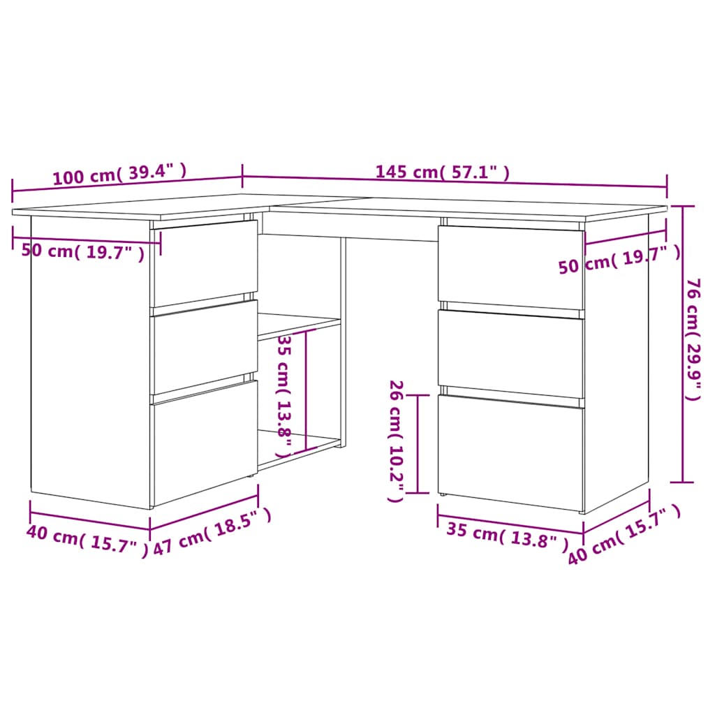 Bureau d'angle chêne Artisan 145x100x76 cm panneau de particules