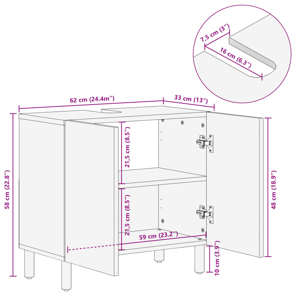 Waschbeckenunterschrank Schwarz 62x33x58 cm Massivholz Mango