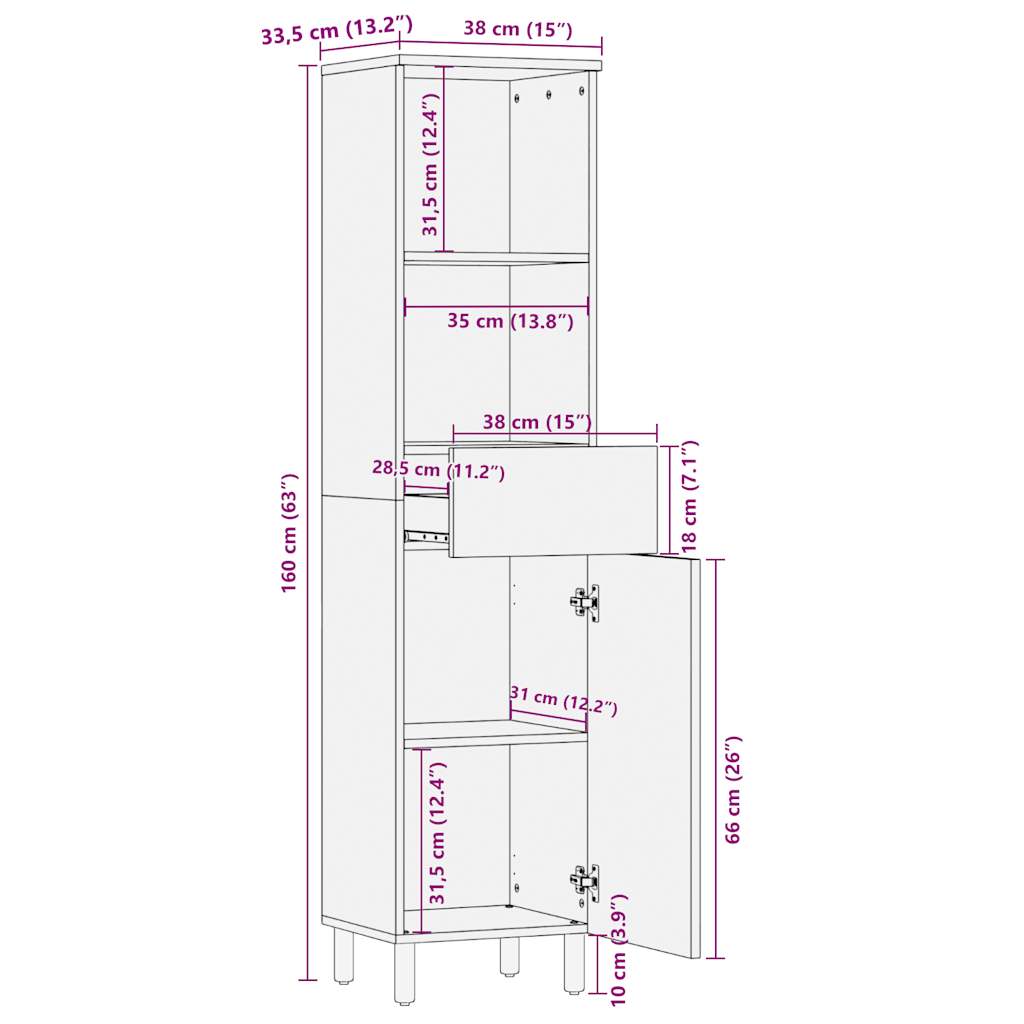 Badschrank 38x33,5x160 cm Massivholz Mango