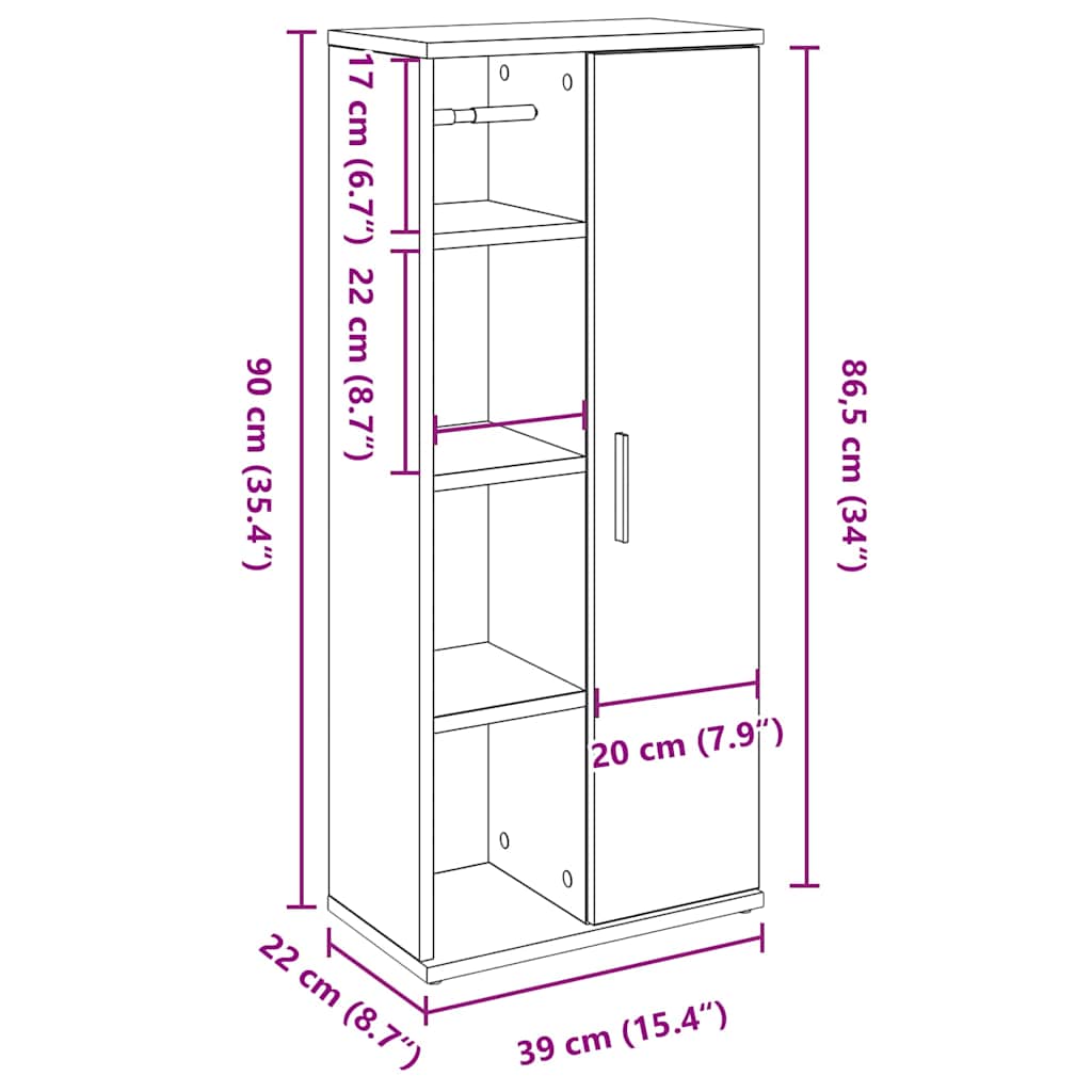 Badezimmerschrank mit Rollenhalter Betongrau 39x22x90 cm