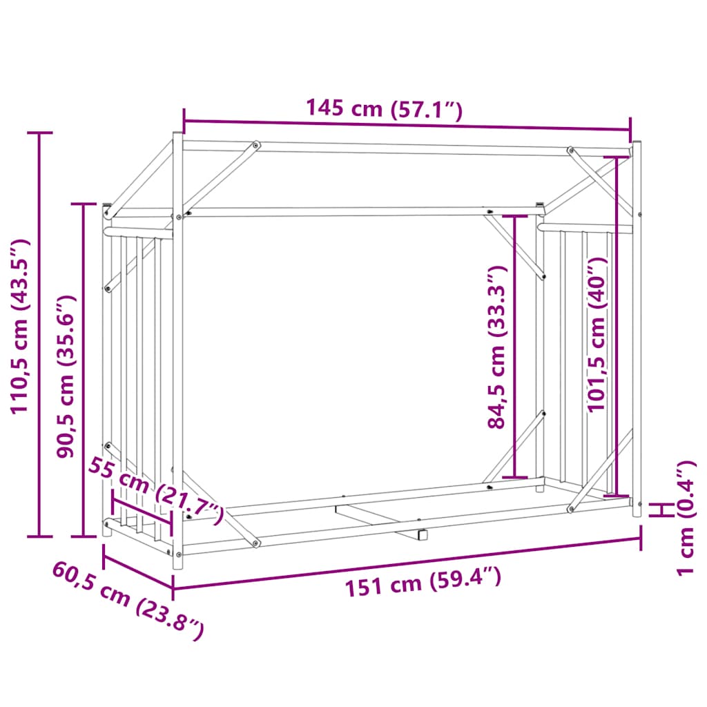 Brennholzregal mit Regenschutz 151x60,5x110,5 cm Stahl Verzinkt