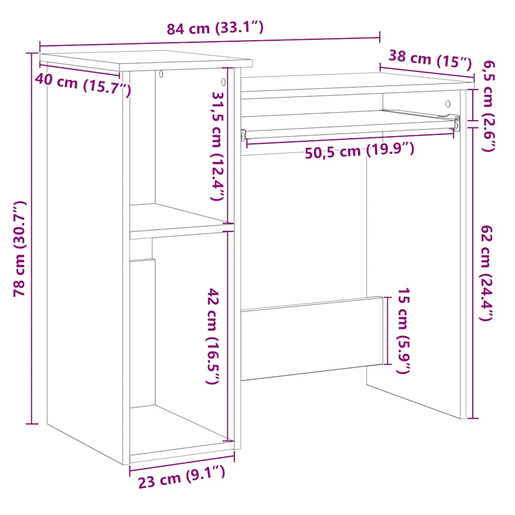 Desk with shelf smoked oak 84x40x78 cm wood-based material