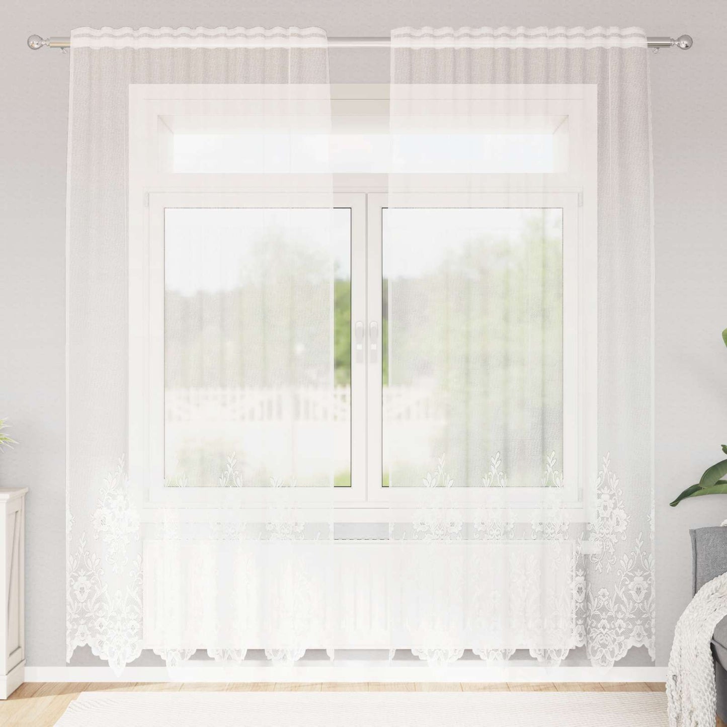 Lace Curtain with Drapes Floral White 220x150cm Polyester