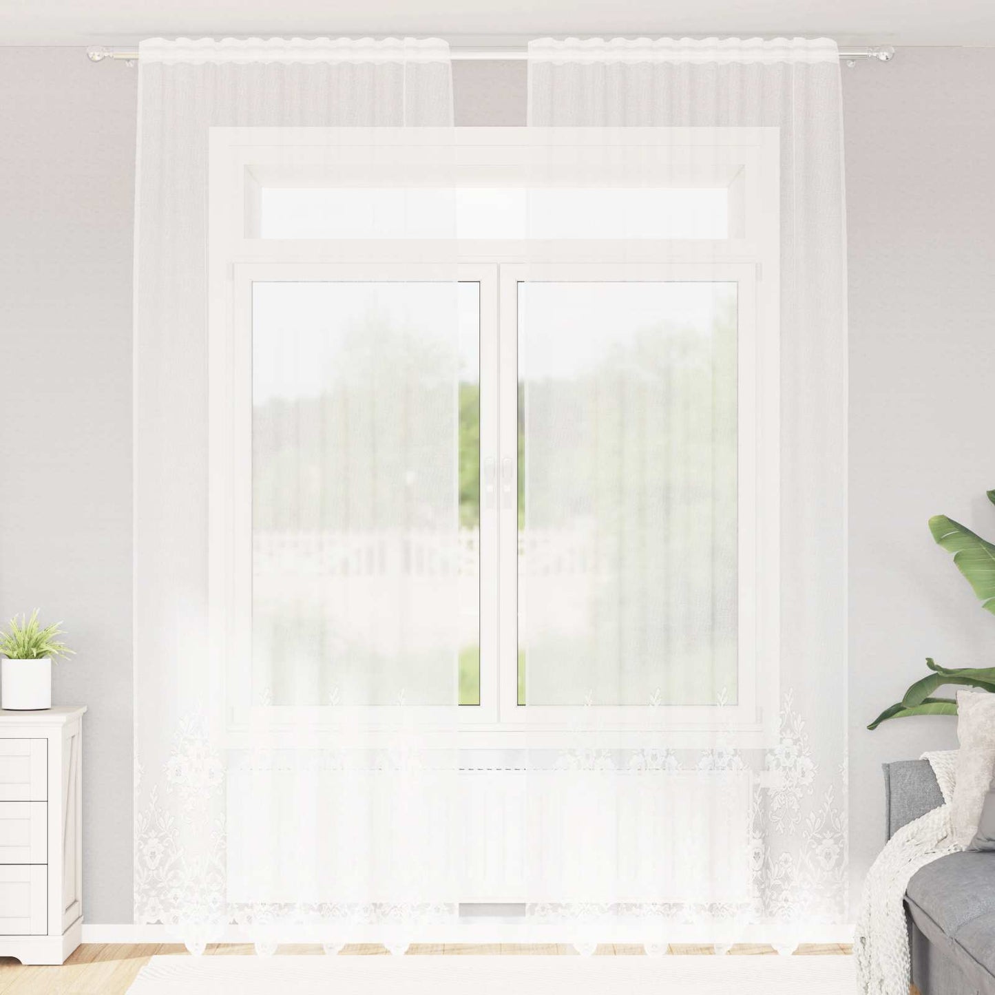 Rideau en dentelle avec rideaux à motifs floraux blancs 300 x 150 cm polyester