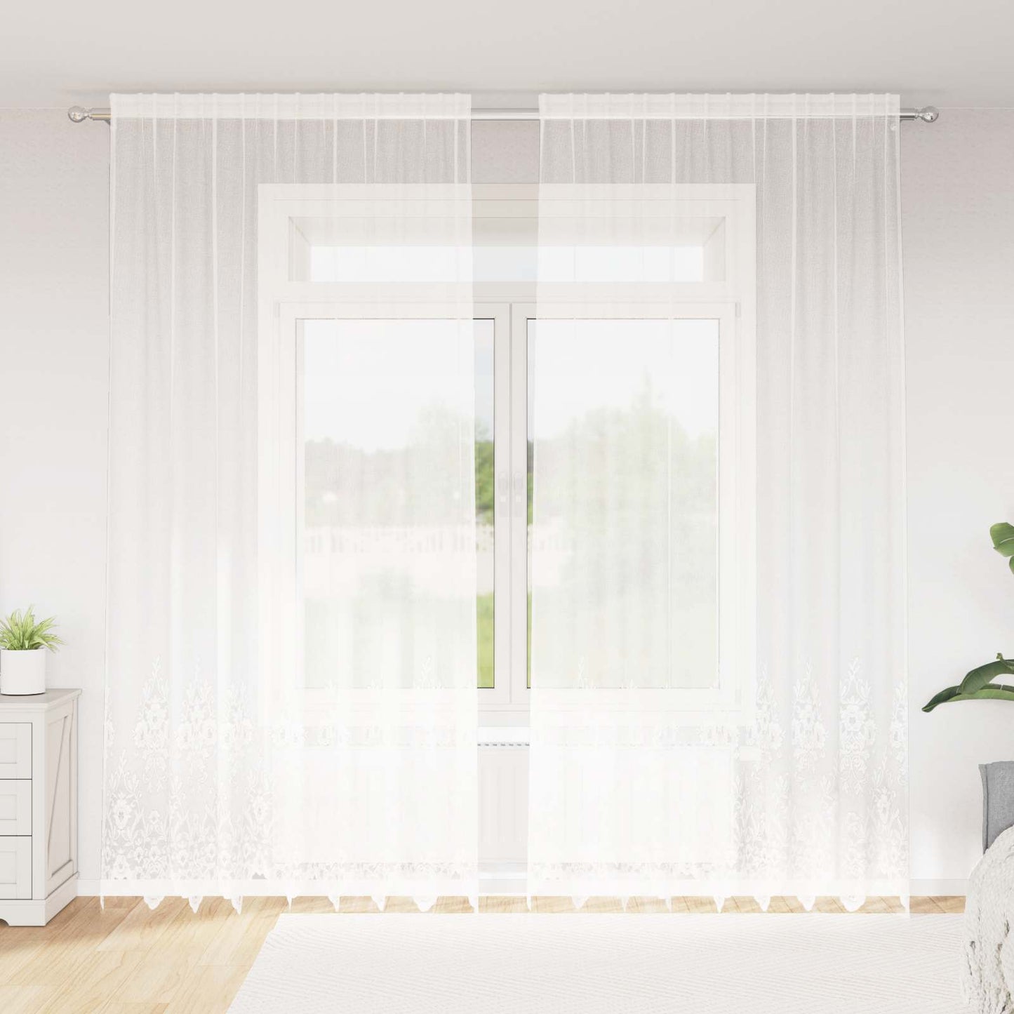 Voilage en dentelle avec rideaux à motif floral blanc 280 x 200 cm Polyester