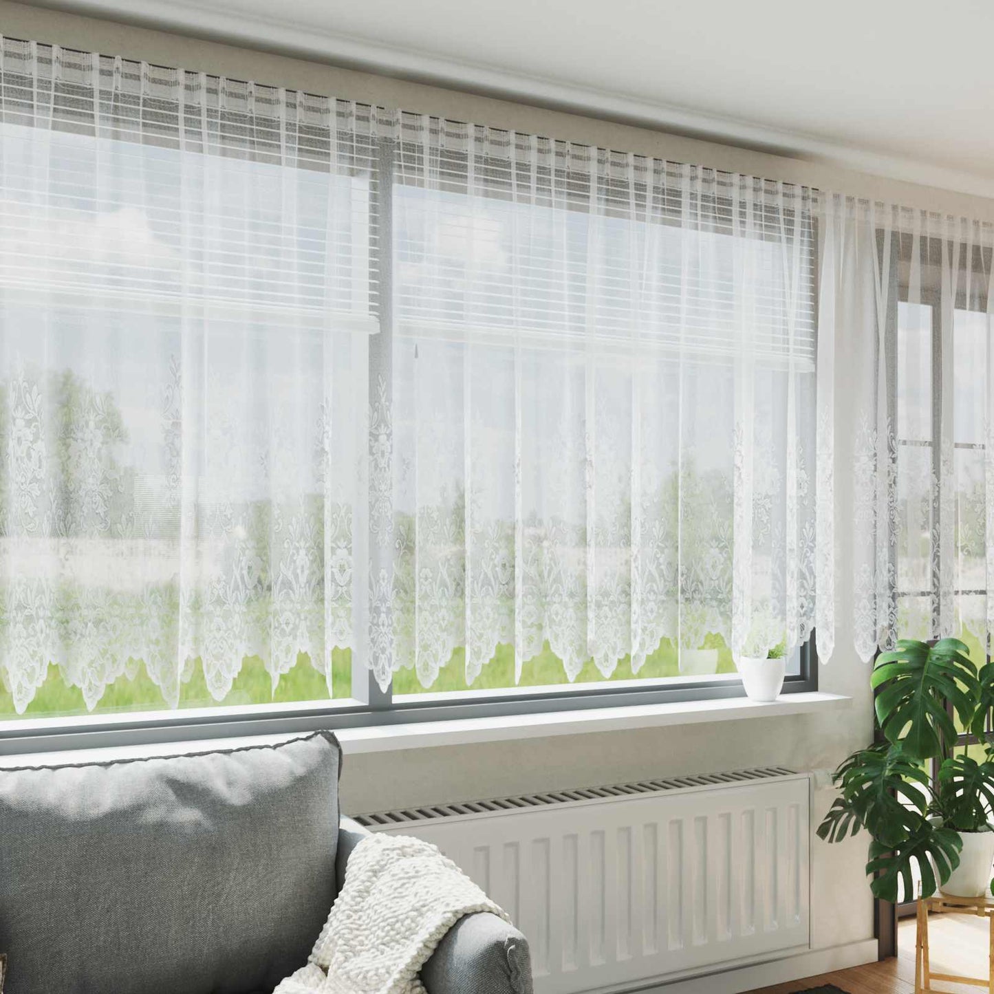 Spitzenvorhang mit Vorhängen Floral Weiß 180 x 500 cm Polyester