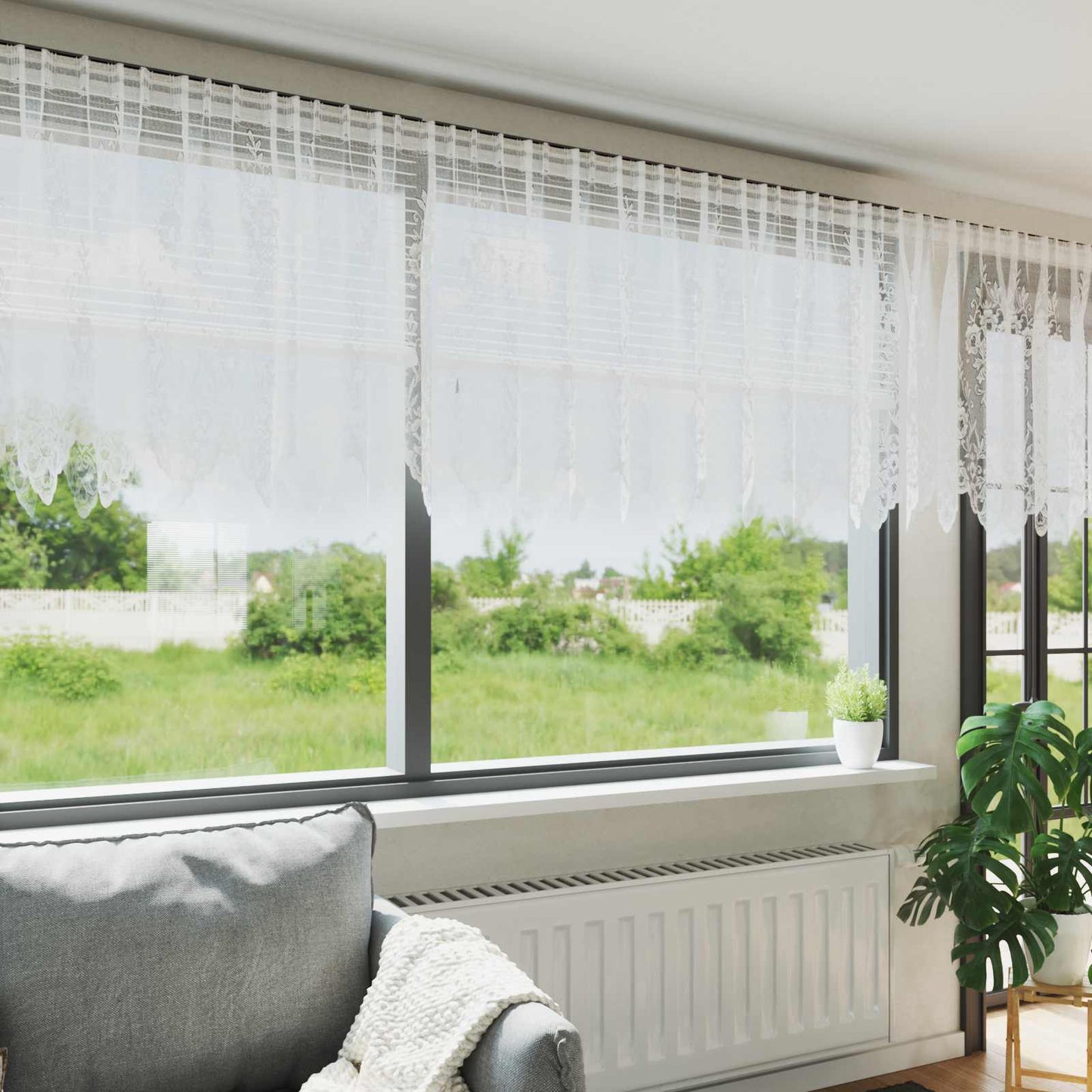 Lace Curtain with Drapes Floral White 80 x 1200 cm Polyester