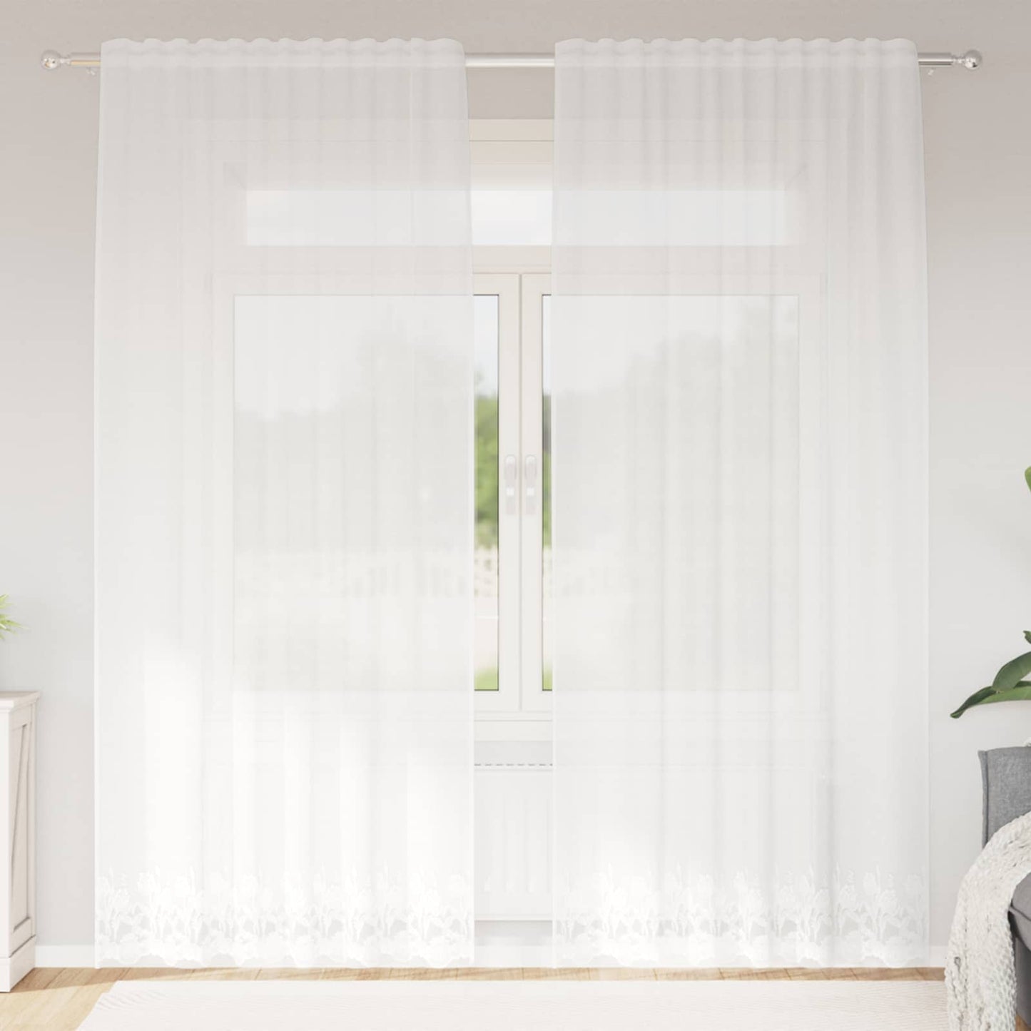 Spitzenvorhang mit Vorhängen Floral Weiß 240 x 150 cm Polyester