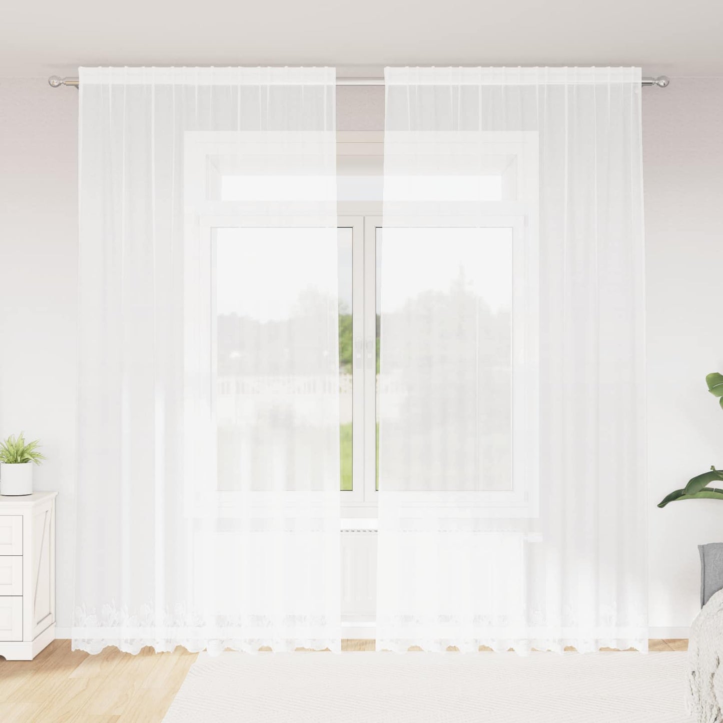 Voilage en dentelle avec rideaux à motif floral blanc 280 x 200 cm Polyester