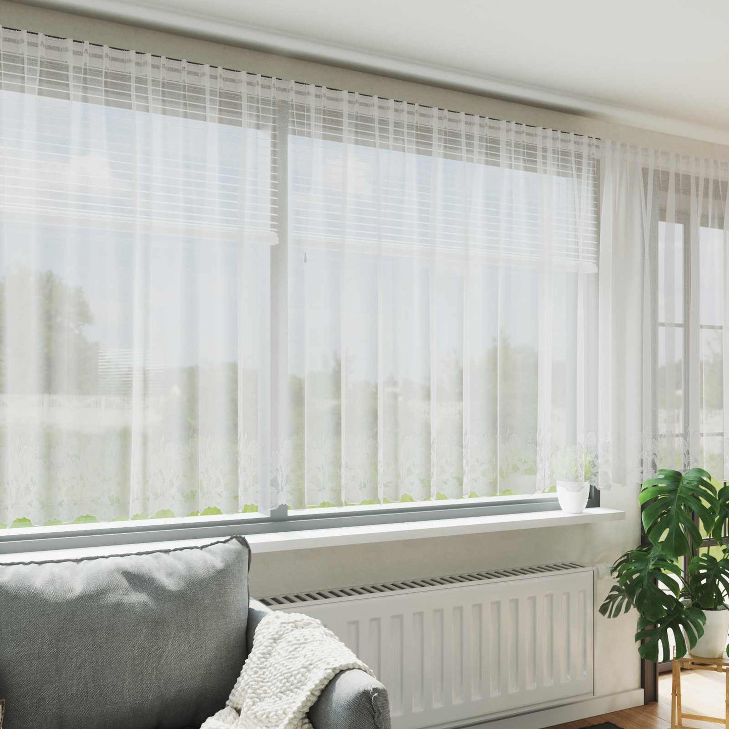 Voilage rideau floral blanc 140 x 500 cm polyester