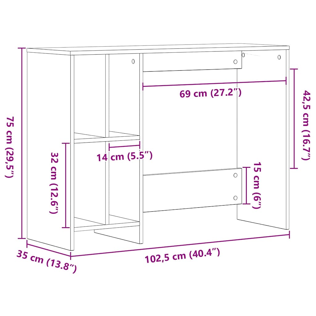 Desk with Shelf Black Oak Effect 102.5 x 35 x 75 cm