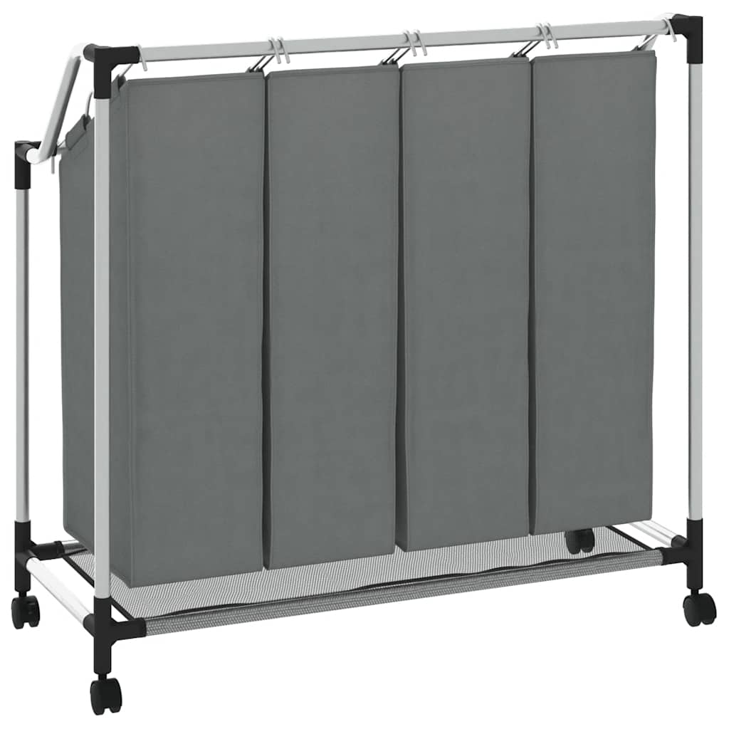 Panier à linge à roulettes 4 compartiments Gris
