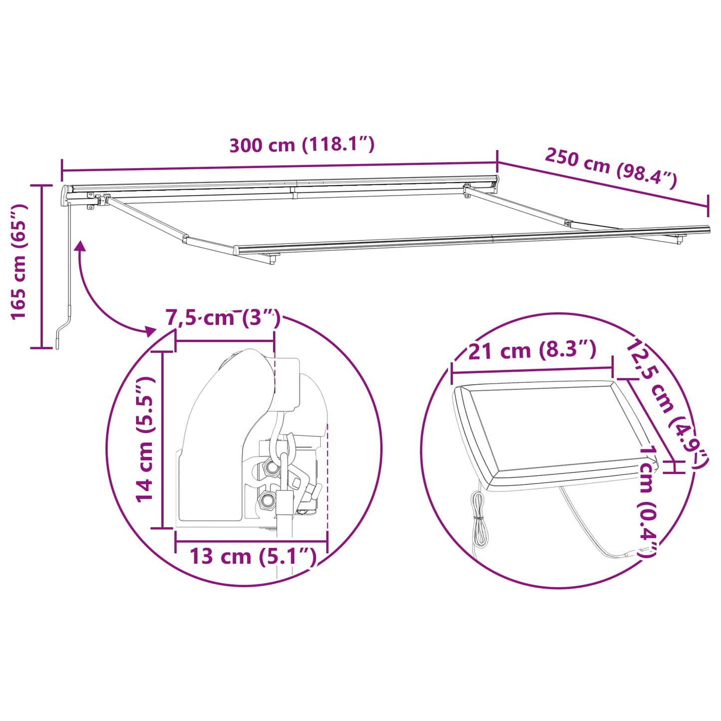 Einziehbare Markise Hellgrau 300 x 250 cm Stoff