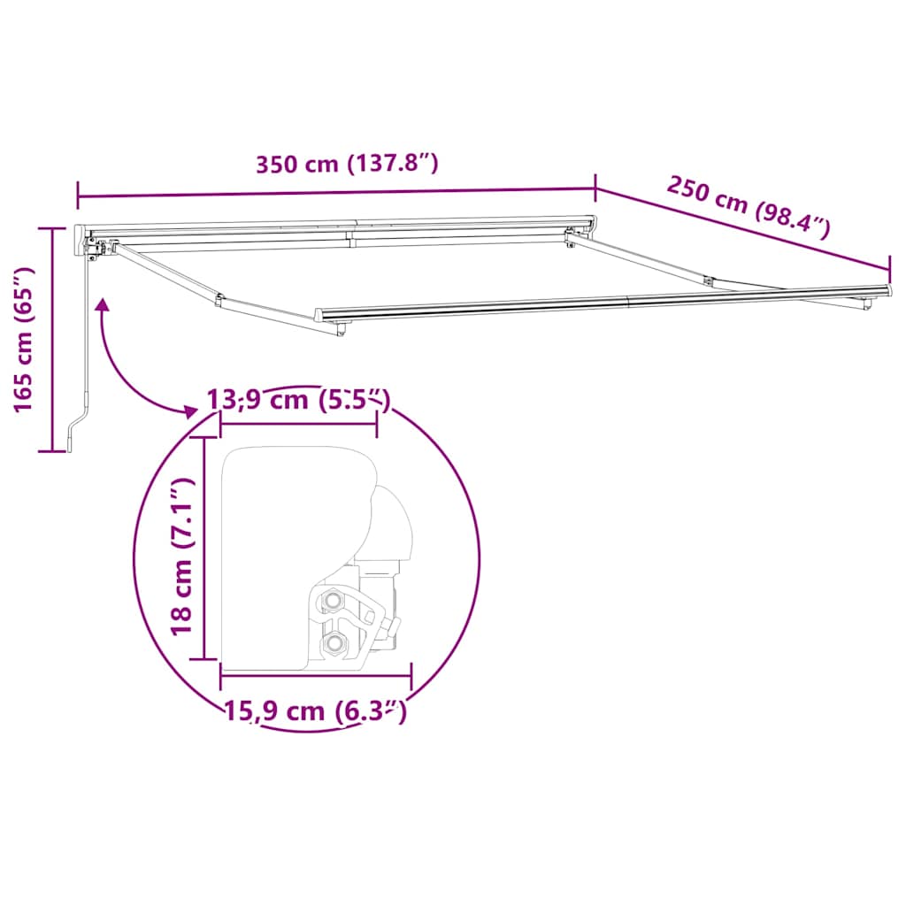 Einziehbare Markise Rot 350 x 250 cm Polyester und Metall