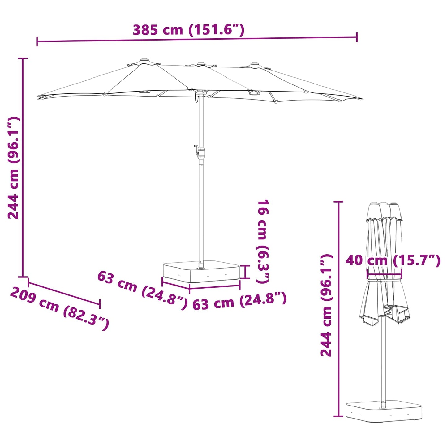 Garten-Sonnenschirm Anthrazit 385 x 209 x 244 cm Polyester