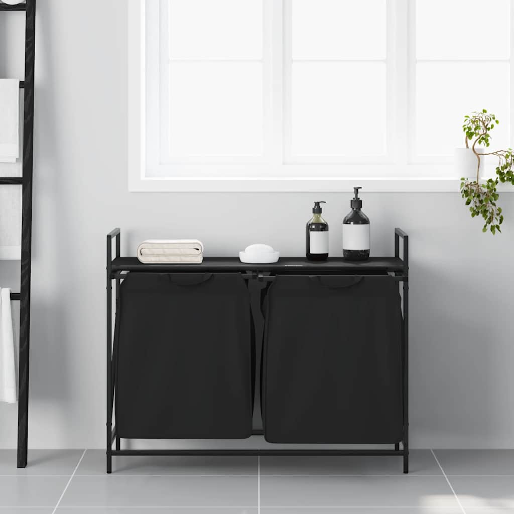 Laundry Basket 2 Compartments with Shelf Black Oak Look