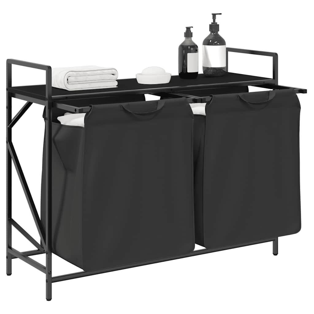 Laundry Basket 2 Compartments with Shelf Black Oak Look