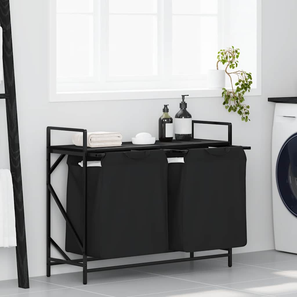 Laundry Basket 2 Compartments with Shelf Black Oak Look
