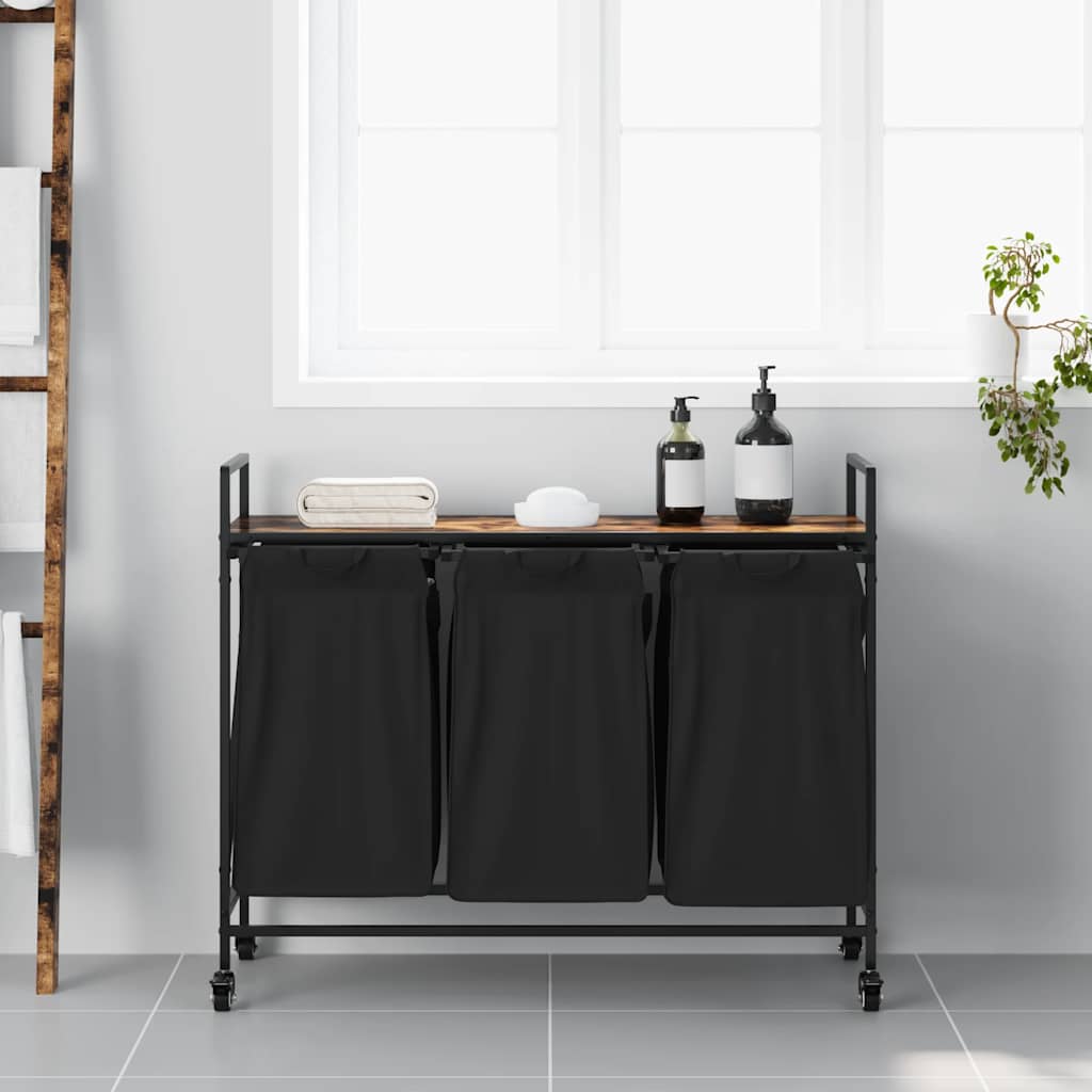 Laundry Basket with 3 Compartments and Wheels Smoked Oak