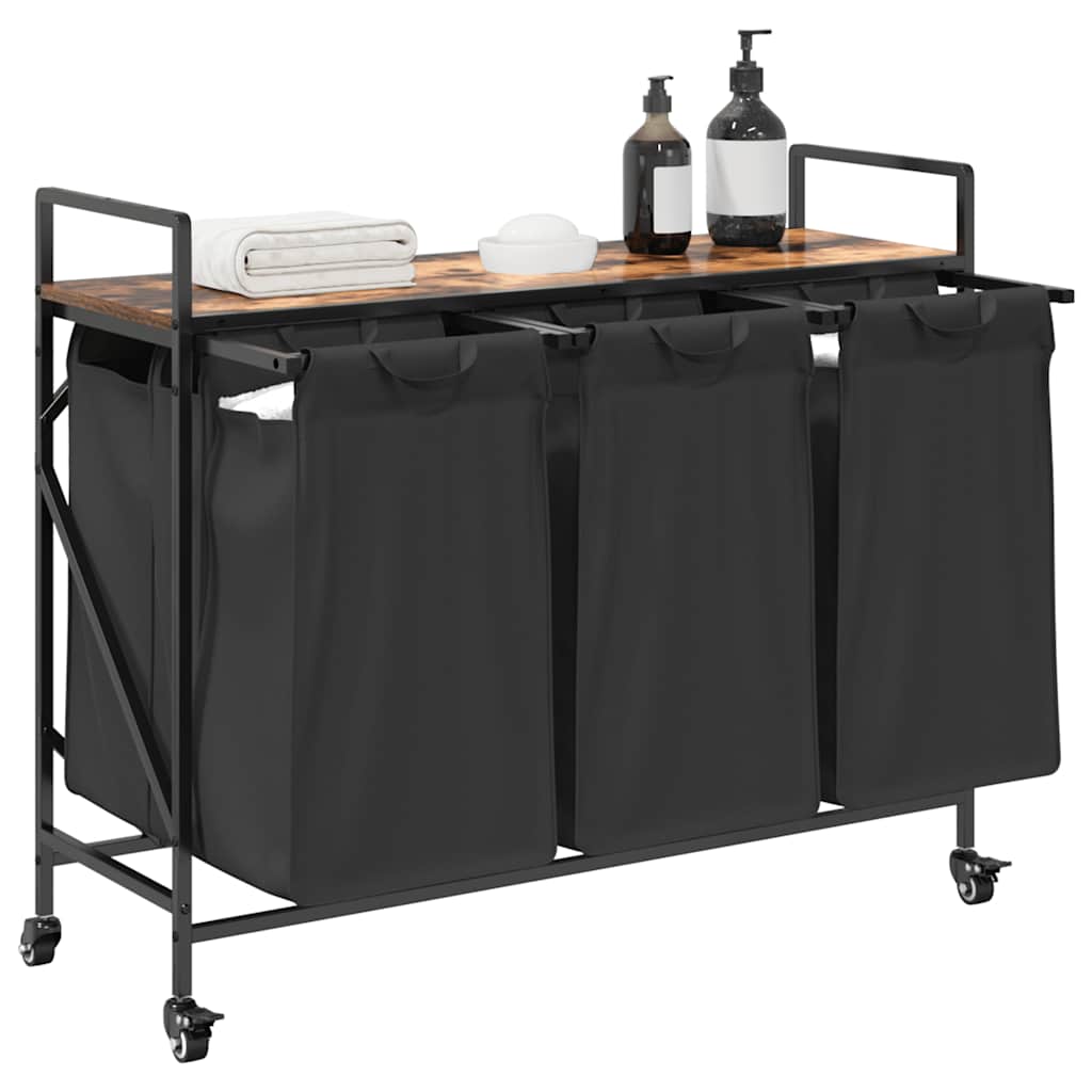 Laundry Basket with 3 Compartments and Wheels Smoked Oak