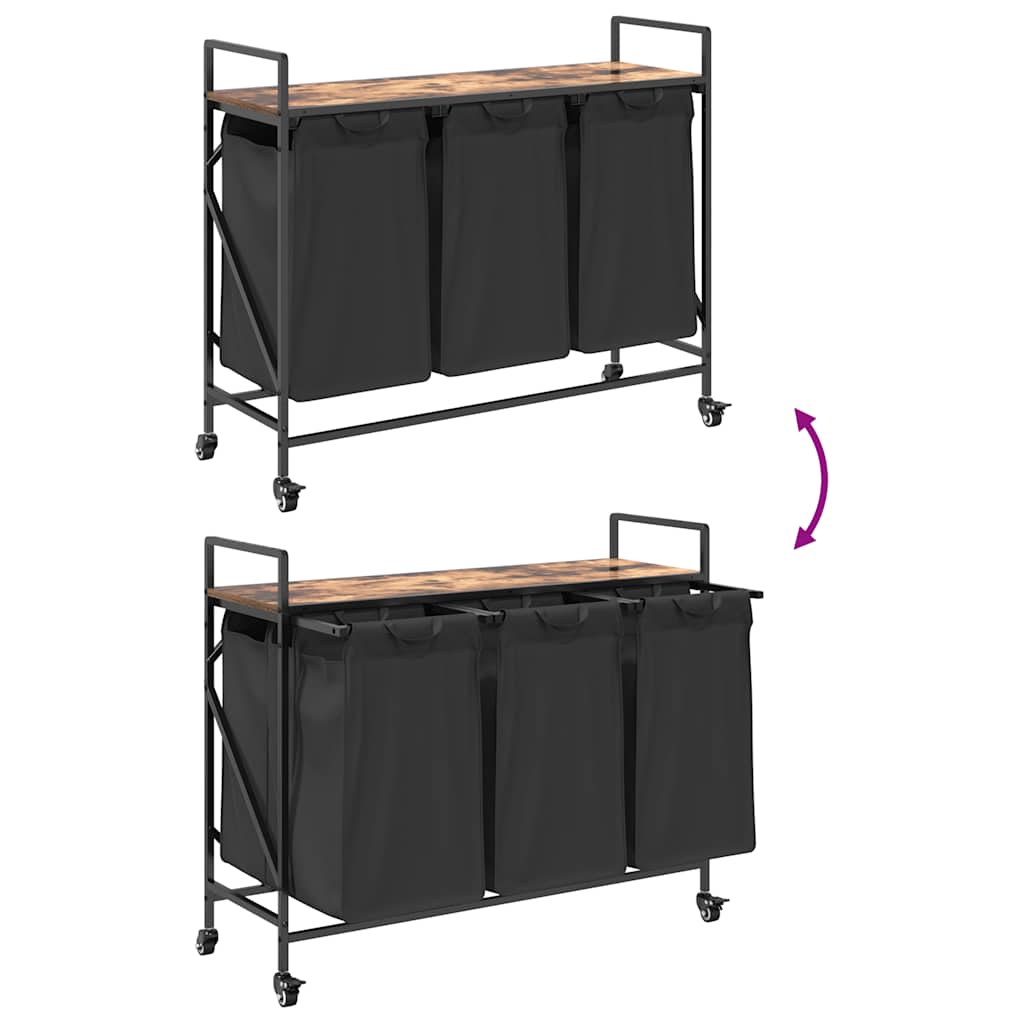 Laundry Basket with 3 Compartments and Wheels Smoked Oak