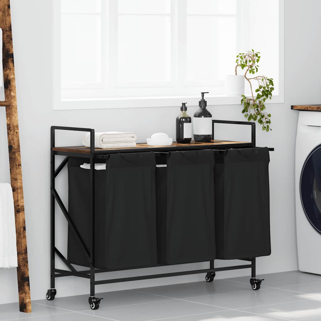Laundry Basket with 3 Compartments and Wheels Smoked Oak