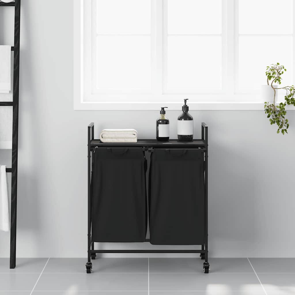 Wäschekorb 2 Fächer mit Rädern Schwarze Eiche