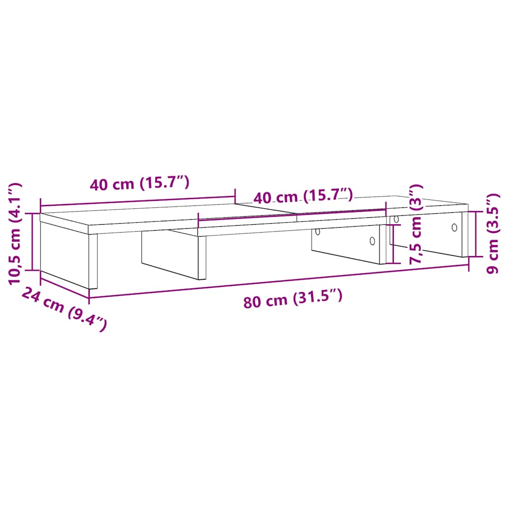 Support d'écran réglable Noir aspect chêne 80x24x10,5 cm