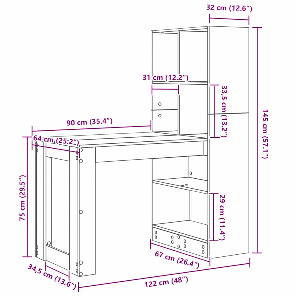 Schreibtisch mit Regal Altholz 122 x 67 x 145 cm Holzwerkstoff