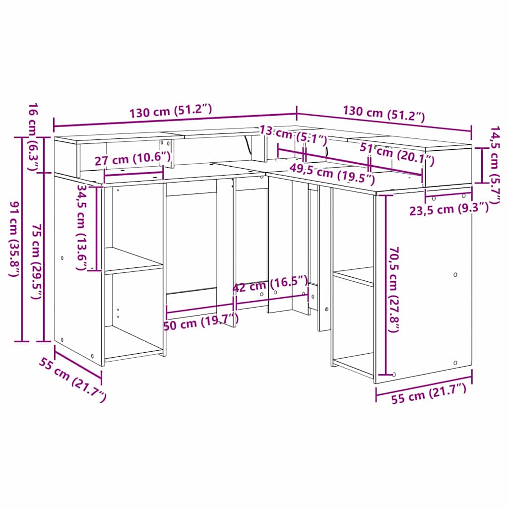 Schreibtisch mit Regal Schwarz Eichen-Optik 130 x 130 x 91 cm