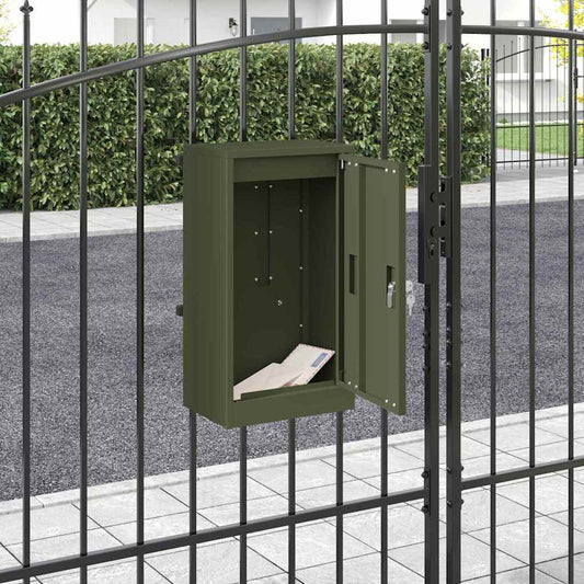 Letterbox with storage and door, olive green, 30 x 20 x 55 cm, steel