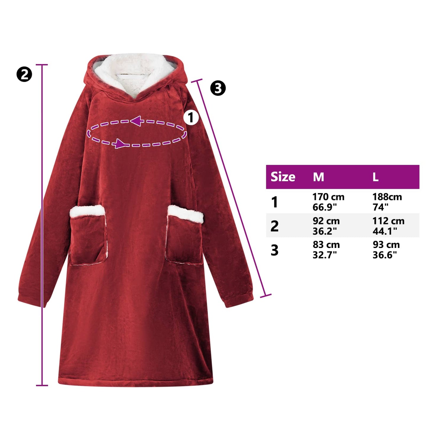 Wearable Blanket Hoodie Bordeaux Red L Fleece and Flannel