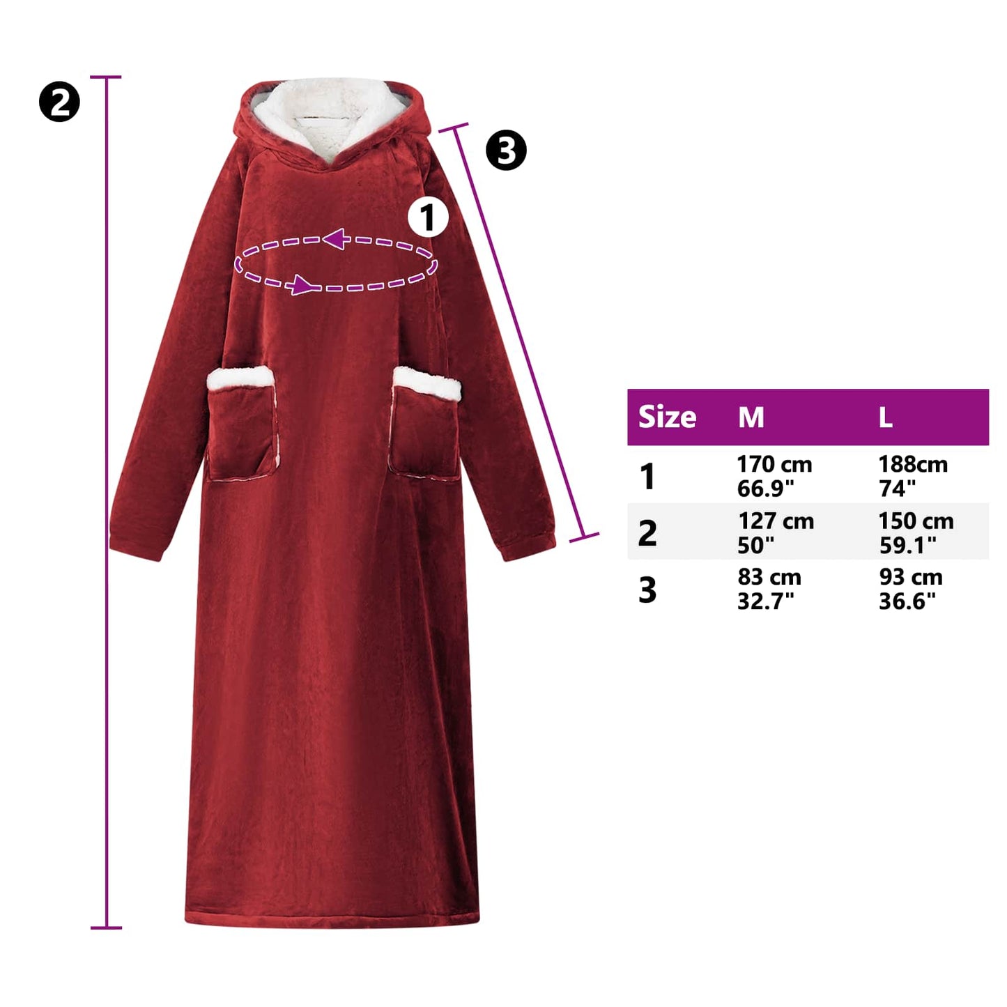 Decken-Hoodie Bordeauxrot M Fleece und Flanell