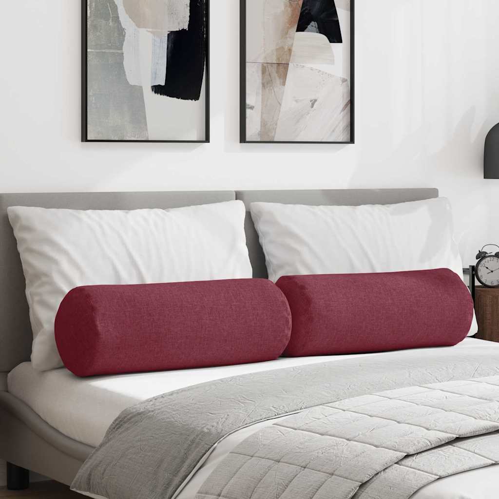 Bolster Cushions, 2 pieces, Wine Red, Ø 25 x 70 cm, Fabric