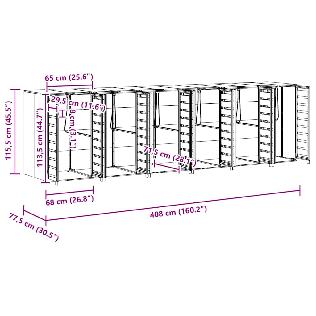 Mobile waste container for 6 bins 408 x 77.5 x 115.5 cm steel