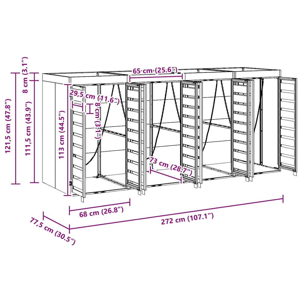 Trolley waste container for 4 bins 272 x 77.5 x 121.5 cm steel