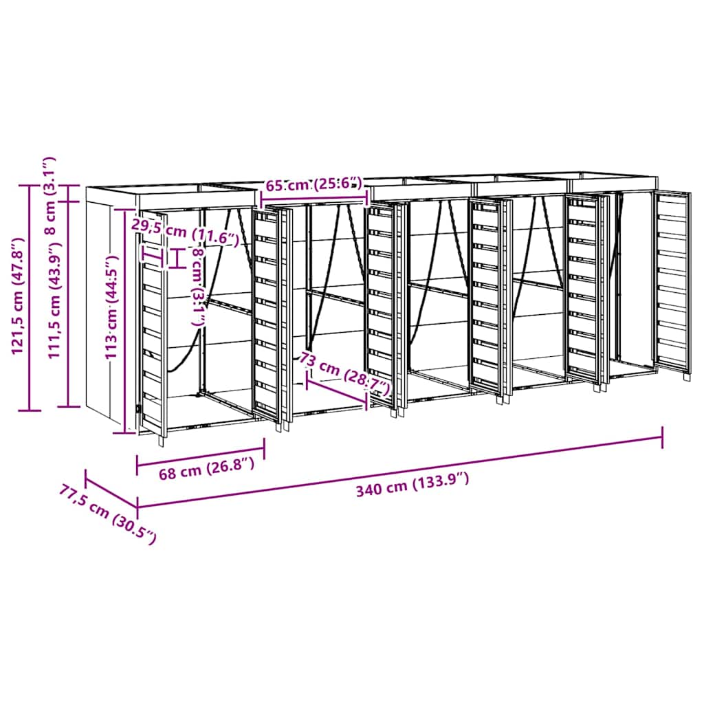 Wagenmüllbehälter für 5 Behälter 340 x 77,5 x 121,5 cm Stahl