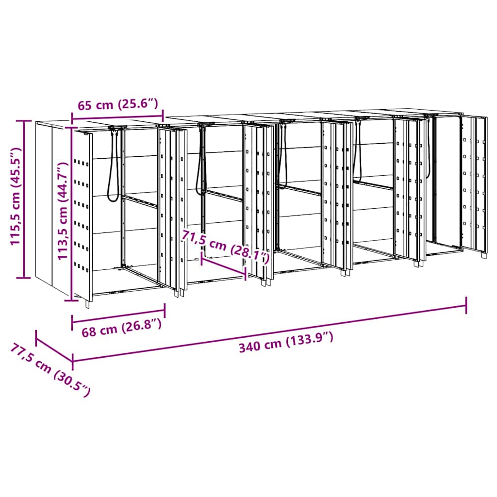 Wagenmüllbehälter für 5 Behälter 340 x 77,5 x 115,5 cm Stahl