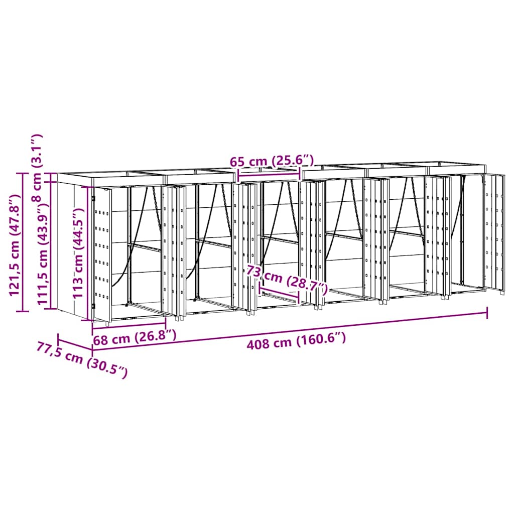 Wagenmüllbehälter für 6 Behälter 408 x 77,5 x 121,5 cm Stahl