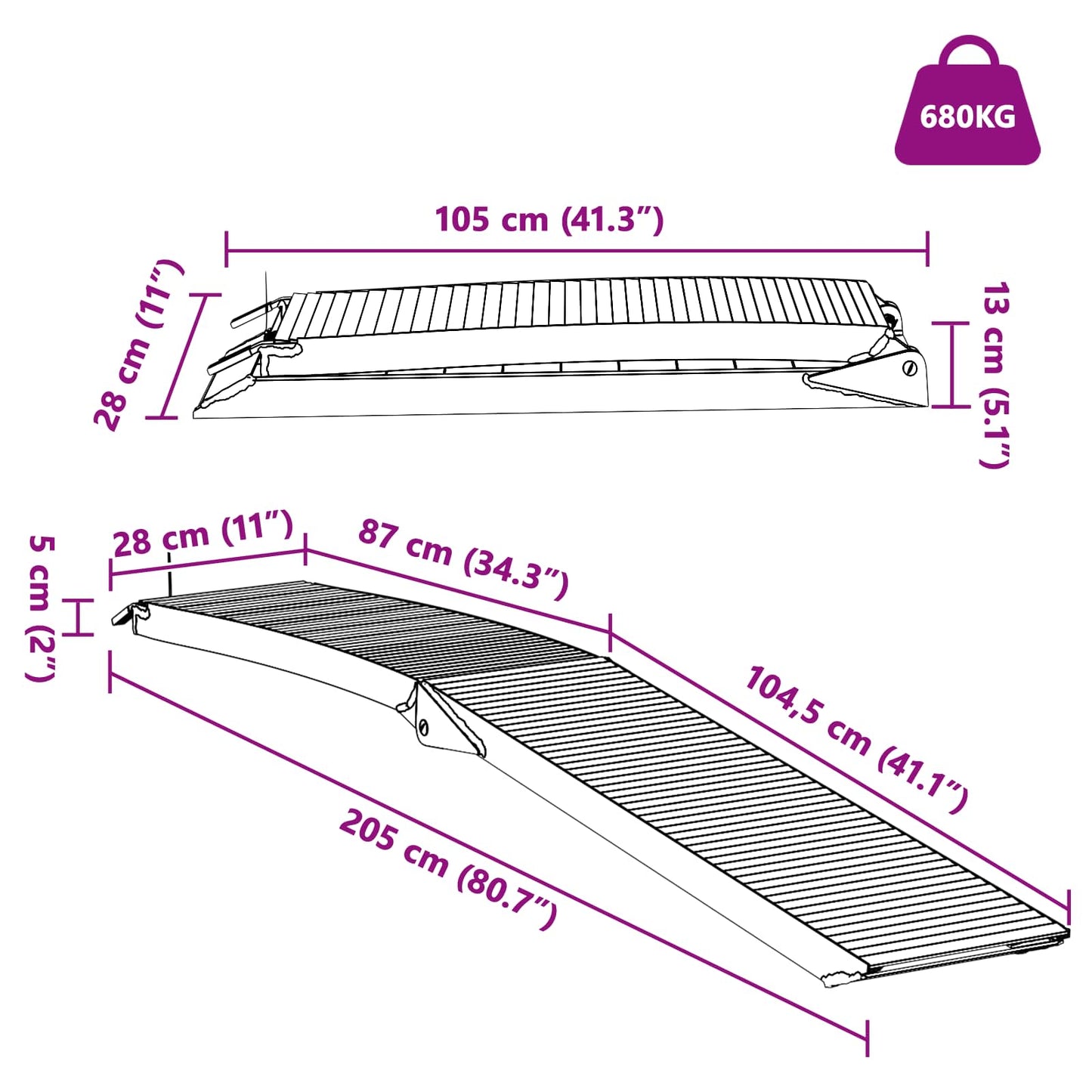Rampe de moto 680 kg 2 pcs Argent 205 x 28 x 5 cm Aluminium