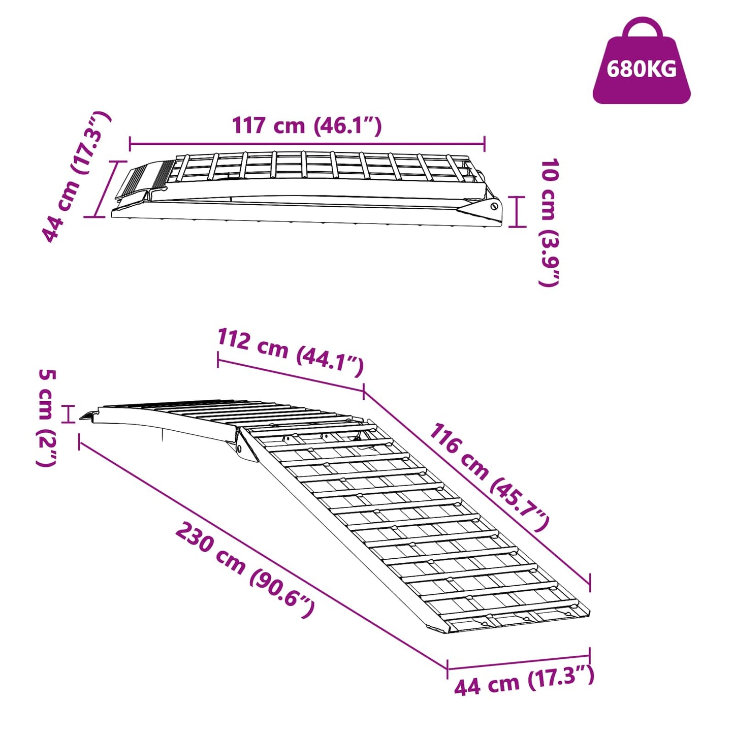 Rampe de moto 680 kg Argent 230 x 44 x 5 cm Aluminium