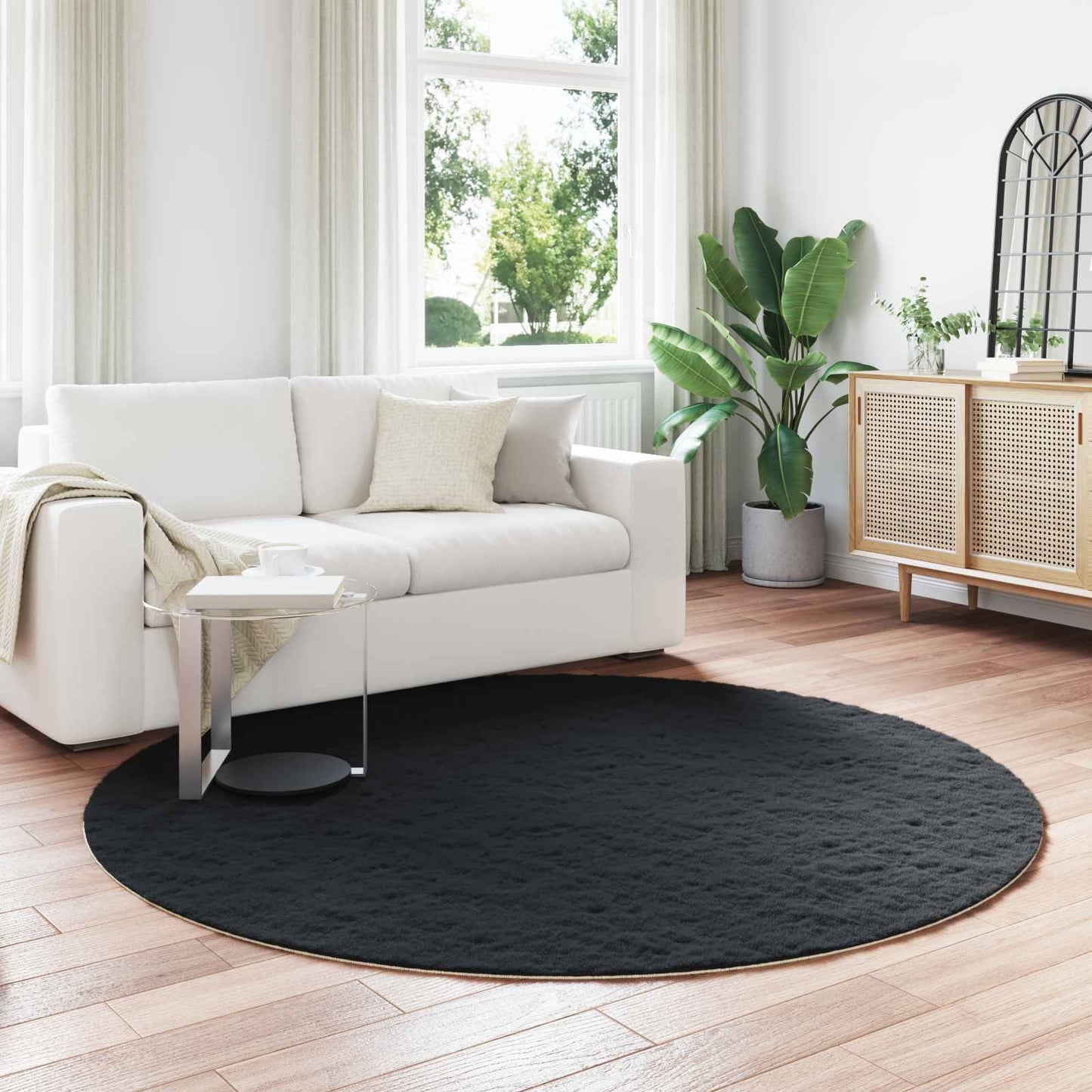Faux Fur Rabbit Rug Olite Black Ø 200 cm Polyester