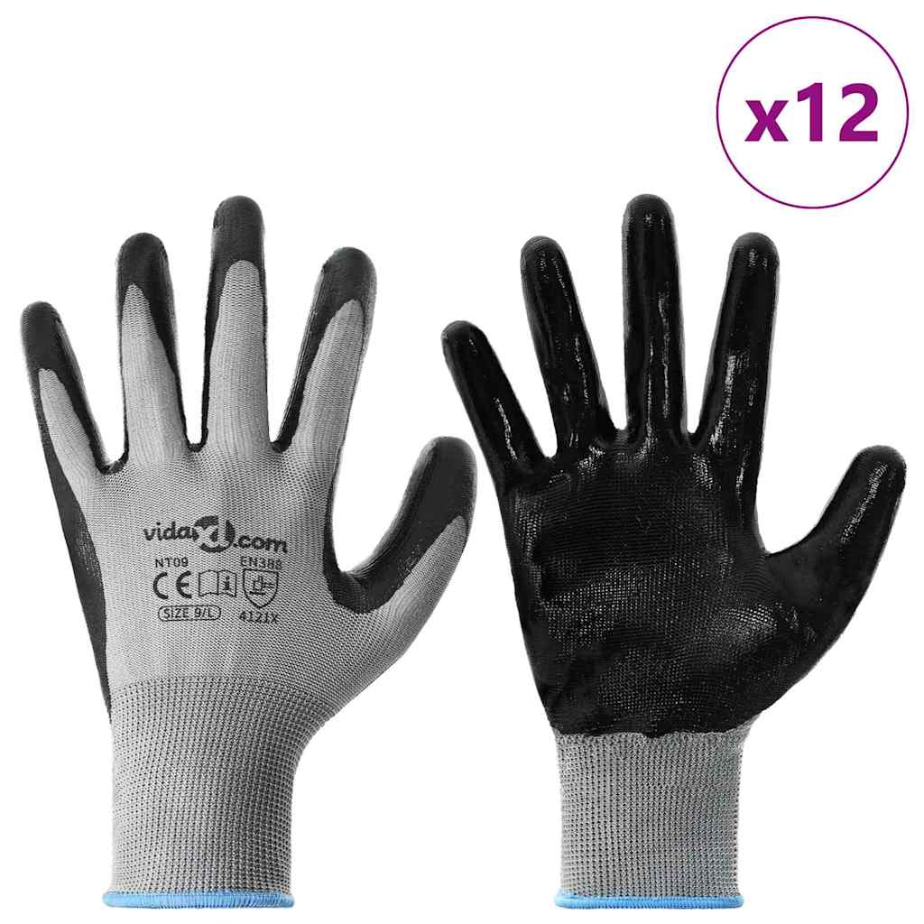 Arbeitshandschuhe 12 pcs Grau und Schwarz 9 / l Polyester