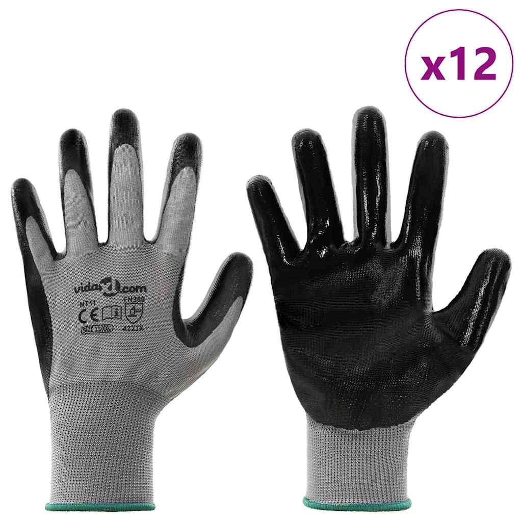 Arbeitshandschuhe 12 pcs Grau und Schwarz 11 / XXL Polyester