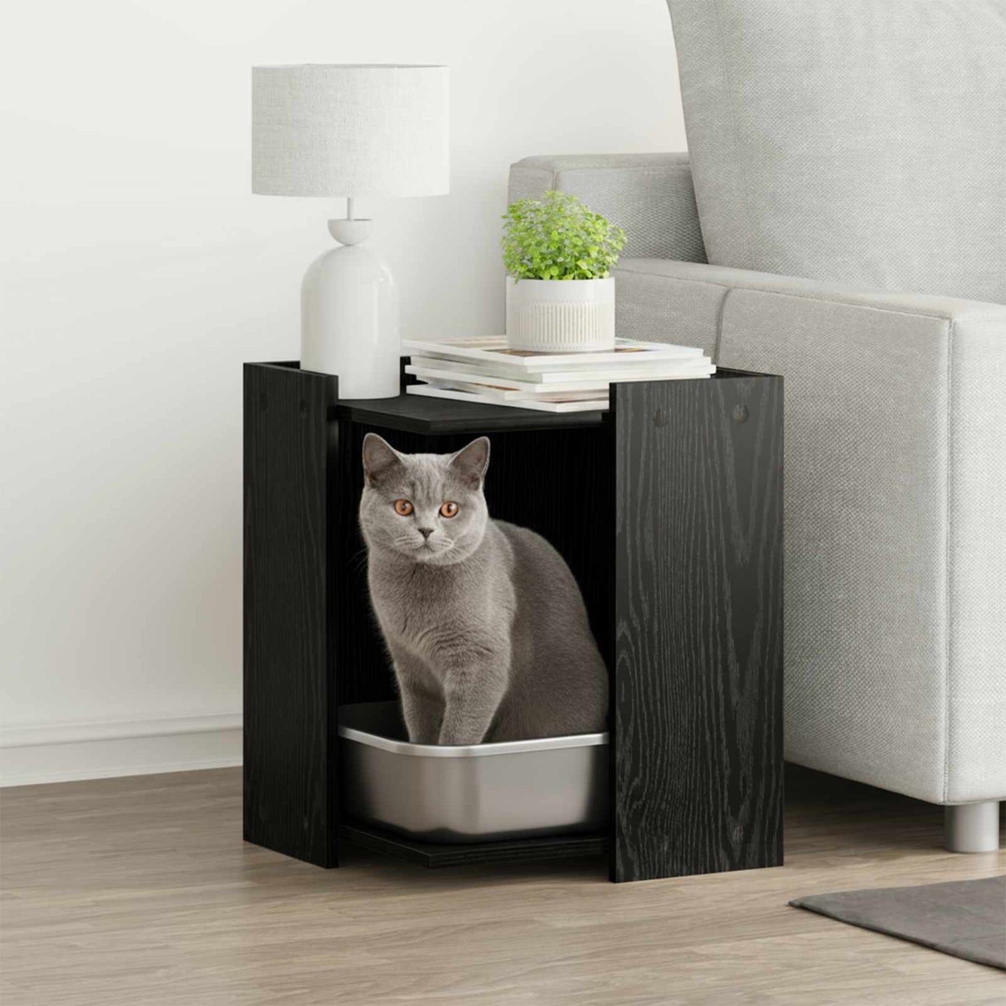 Katzenstreu Box Umzäunung Schwarz Eichen-Optik 42 x 42 x 51 cm