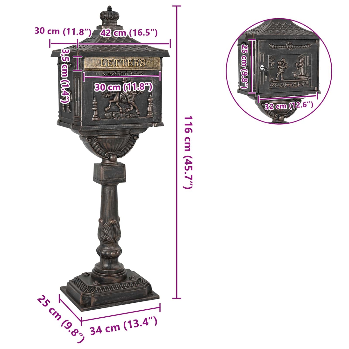 Freestanding Letterbox Bronze 42.5 x 29.5 x 117 cm Cast Aluminum